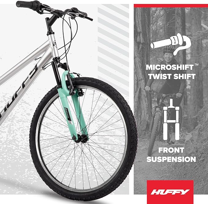 Huffy Stone Mountain Hardtail Mountain Bike for Boys/Girls/Men/Women, 20"/24"/26" Sizes, 6 or 21 Speed Shimano Twist Shifting, Front or Dual Suspension, Comfort Saddle, Sleek Colors