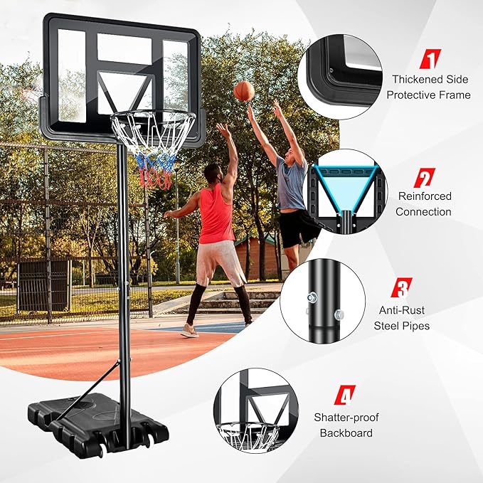 Goplus Portable Basketball Hoop, 4.25-10FT Height Adjustable, 44'' Shatterproof Backboard, 18" Basket Rim, Wheels, Basketball Goal for Adults Outdoor