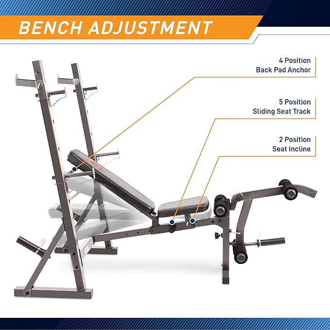 Marcy Olympic Workout Bench for Home Gym Strength Training Equipment with Preacher Curl Pad and Weight Rack Storage, White/Black