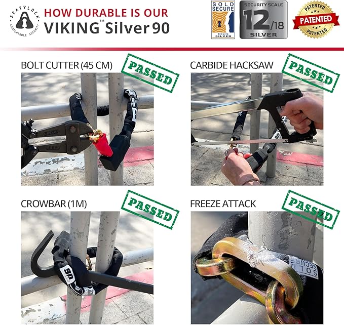 Seatylock Viking Bike Chain Lock with Key - Magnetic Patented Sold Secure Silver Rated - Heavy Duty Anti Theft - Smart Ultra Security Bicycle Lock (35.5 Inch)