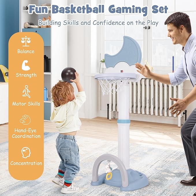 Costzon Kids Basketball Hoop with Electronic Scoreboard Cheer Sound, 4 in 1 Height Adjustable Toddler Basketball Hoop with Soccer, Golf, Ring Toss Game for Indoor Outdoor, Gift(Light Blue Moon)