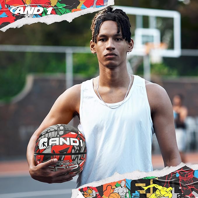AND1 Supreme Grip Official Regulation Size 7 (29.5 inches) Rubber Basketball - Deep Channel Construction Streetball, Made for Indoor Outdoor Games
