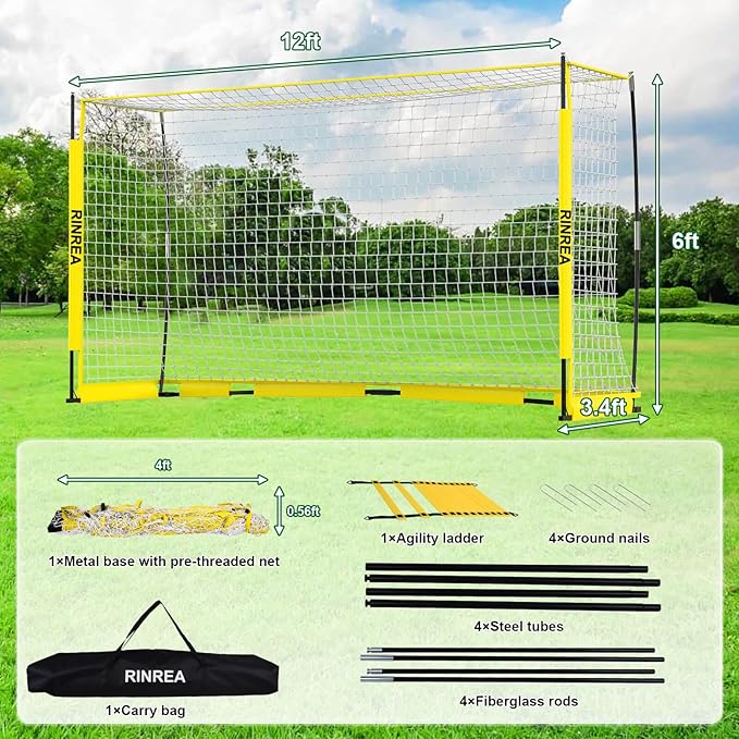 Portable Soccer Goal, Collapsible Soccer Goal Net Metal Base, Quick Setup Soccer Training Equipment with 1 Carry Bag, 1 Agility Ladder, 4 Ground Nails