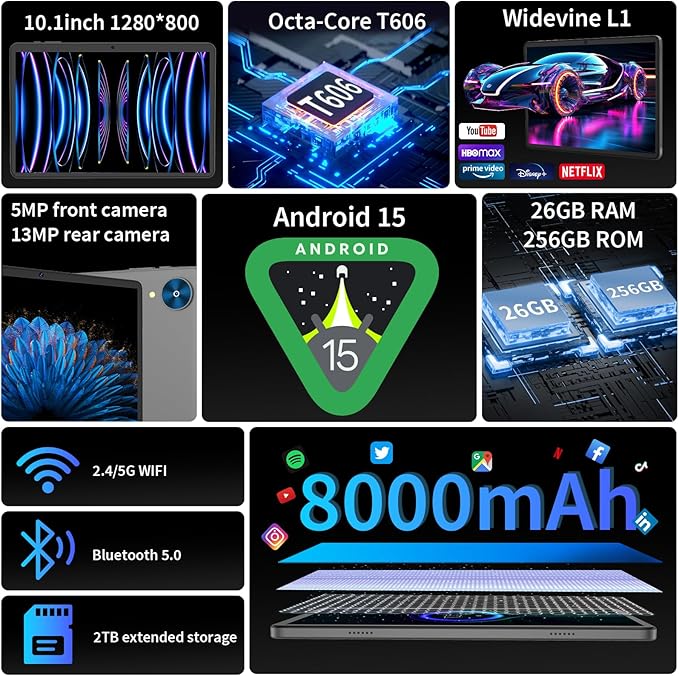 Android 15 Tablet with Keyboard, 26GB+256GB(2TB Expand), 10.1 Inch Tablet 8000 mAh Battery, BT 5.0, 5G WiFi, Widevine L1, Dual Camera, 2 in 1 Tab with Mouse, Case, Stylus(Green Case)