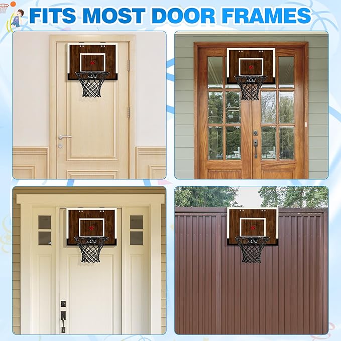 Indoor Mini Basketball Hoop Set – Over The Door with Wood Backboard & Iron Rim – Includes 2 Balls & Air Pump – Anti-Shock Padding – 16"x12"x3"