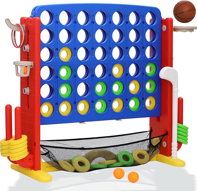 Giant 4 in A Row Game, Height Adjust Connect 4 Jumbo Yard Game Set for Kids & Adults with Mesh Catching Bag, Golf, Basketball Hoop & Ring Toss, 4-to-Score Games for Indoor/ Outdoor Fun