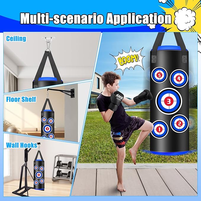 Hanging Punching Bag for Kids, 2FT PU Leather Kicking Bag with Boxing Bag Gloves, Heavy Bag Boxing Equipment for Training Karate Muay Thai Kick Taekwondo(Unfilled)