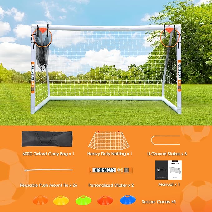 ORIENGEAR Soccer Goal, 12x6/10x6.5/8x6/6x4 Full Size Soccer Goals for Backyard, Soccer Net with Training Discs, Portable Soccer Goal for Kids and Adults with 1 Carry Bag, Porterias De Futbol