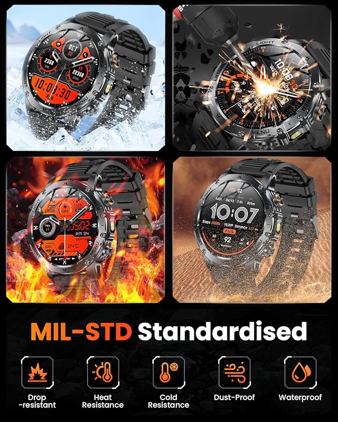 Military Smart Watches for Men, 1.7″ Smart Watch with 1000 mAh Battery, Led Flashlight, Answer/Make Calls, IP68 Waterproof, Heart Rate/Sleep Monitor 100+ Sport Modes Fitness Watch for Android/iPhone