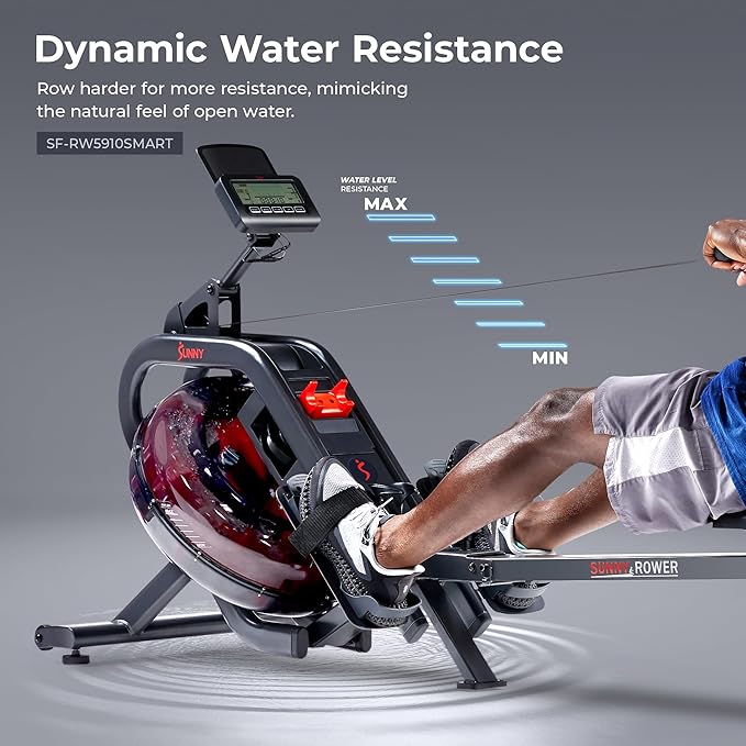 Sunny Health & Fitness Flip & Foldable Rowing Machine for Home w/Extended Slide Rail, Full-Body Workout, Low-Impact, Optional Extra Long Rail, Quiet Rail Cover, Water Motion and Free SunnyFit App