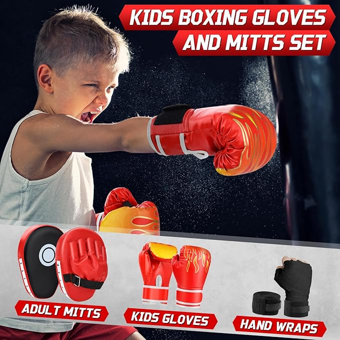3-in-1 Boxing Gloves and Punching Mitts Set for Kids Youth, Kids Boxing Gloves Curved Punching Pads with Hand Wraps, Focus Mitts Boxing Equipment Set for Boxing Training MMA Karate Muay Thai Taekwondo