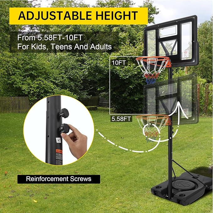 Basketball Hoop Outdoor 10FT Height Adjustable, Portable Basketball Goals & Hoops with PC Backboard and Large Water/Sand Base, Indoor Outdoor Basketball Hoop for Kids Youth Adults Backyard Driveway