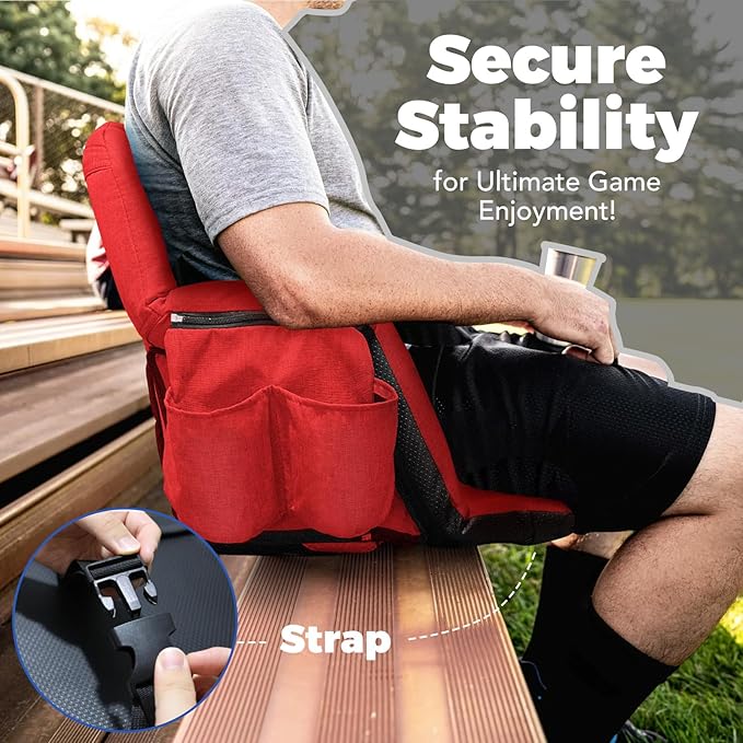 Wide Stadium Seats with Back Support, Exclusive Sofa Style Design Extra Thick Bleacher Chairs with Back and Cushion, 6 Reclining Positions - Ultimate Comfort for Sports Events (Red, 25")