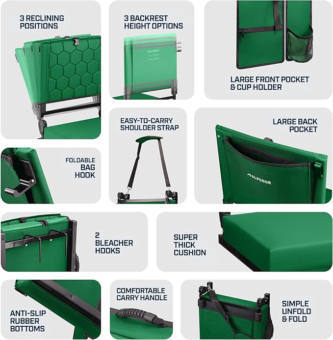 Extra Wide Folding Reclining Stadium Seat with Back Suppot for Bleachers, Bleacher Hooks, Thick Cushion, Cup Holder, Storage Pockets – Portable Chair for Kayak, Canoe, Paddle Board, Concerts, & Sports