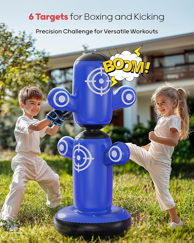 QPAU 360° Rotatable Punching Bag for Kids, Lager 64” Kids Punching Bag with Gloves, Hand Pump & 6 Targets, Bop Bag Inflatable Punching Toy, Karate Gifts for Boys, Girls