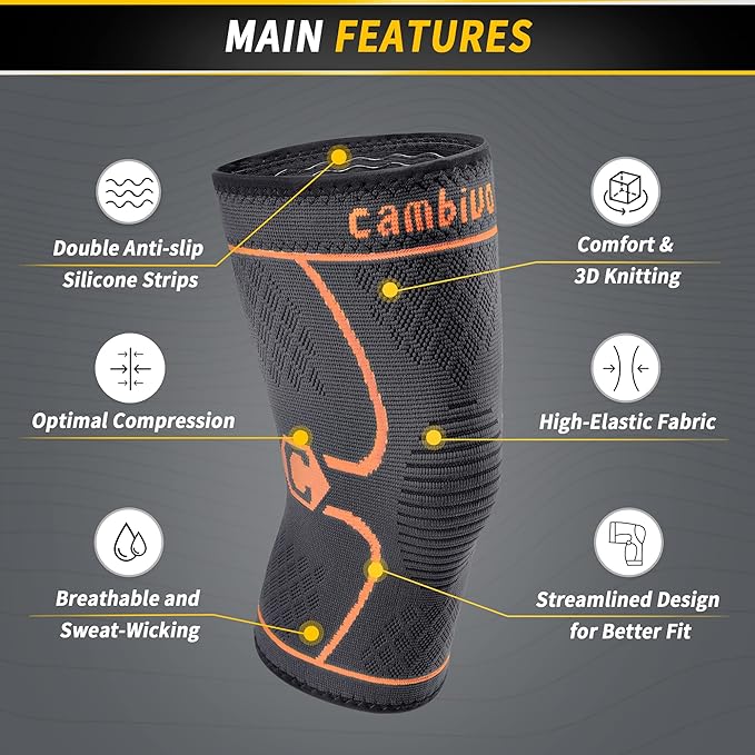 CAMBIVO 2 Pack Knee Brace, Knee Compression Sleeve for Men and Women, Knee Support for Running, Workout, Gym, Hiking, Sports (Orange,X-Large)