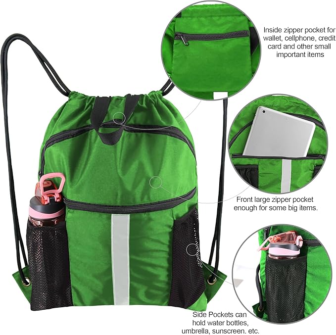 BeeGreen Drawstring Backpack Bag with Shoe Compartment, X-Large Black Gym Sports String Cinch Backpack