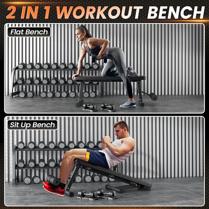 2 In 1 Adjustable Flat Weight Bench - Bonvork 45.3'' Extended Foldable Flat Bench for Home Gym,750LBS Sit Up Bench with 18'' Widened Base,Strength Training Workout Bench Press for Full Body Exercise