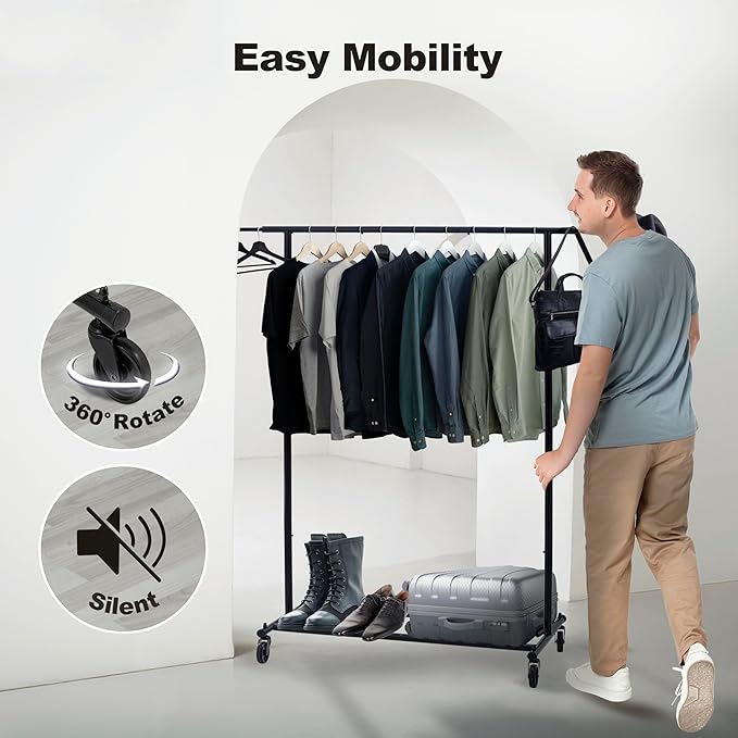 ikloo Heavy Duty Clothes Rack with Wheels load 130 LBS, Metal Rolling Clothing Rack with Extendable Rod & Bottom Shelf, Portable Closet Organizer, Storage for Hanging Clothes, Black