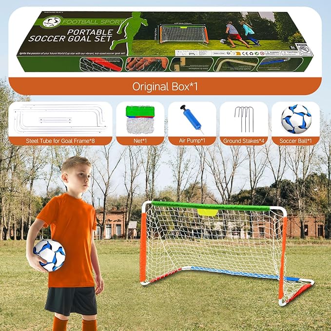 Kids Soccer Goal, Steel Frame Soccer Goal for Backyard - Portable Soccer Net for Kids with Size 2 PU Leather Soccer Ball and Air Pump, Soccer Gifts for Boys Girls