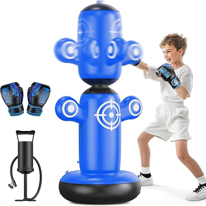 QPAU 360° Rotatable Punching Bag for Kids, Lager 64” Kids Punching Bag with Gloves, Hand Pump & 6 Targets, Bop Bag Inflatable Punching Toy, Karate Gifts for Boys, Girls