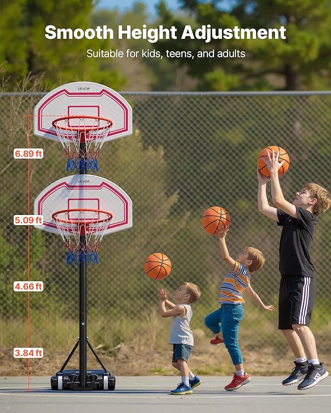 VEVOR Basketball Hoop/Rim, Adjustable Height Portable Backboard Court, Basketball Goal, Mobile Stand with Wheels Weighted Base, Youth&Adults, Outdoor/Indoor