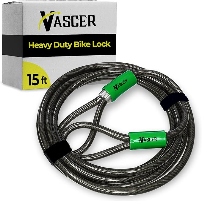 Heavy Duty Security Cable with Loops - 15 Feet (3/8") Bike Cable Lock Cut Resistant with Braided Steel and Vinyl Coating -Security Chain Lock for Bicycle, Boat, Ladder, Gate, Mower & Equipment