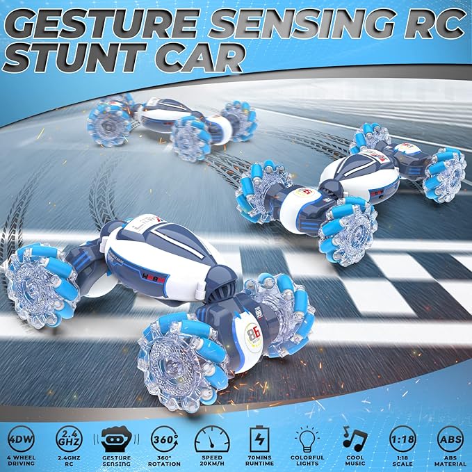 Gesture Sensing RC Stunt Car - Boys Toys Age 6-12, 360° Rotating 4WD Hand Controlled Remote Control Twist Car with Light & Music, Cool Birthday Presents and Ideas Gifts for Kids Age 7 9 10 11 12 yr