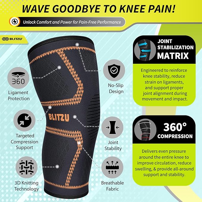 Knee Brace for Women & Men, 2 Pack Compression Knee Brace, Knee Support Sleeve for Pain Relief, Running, Workout, Sports, Knee Braces for ACL, Meniscus Tear, Arthritis and Injury Recovery Orange L
