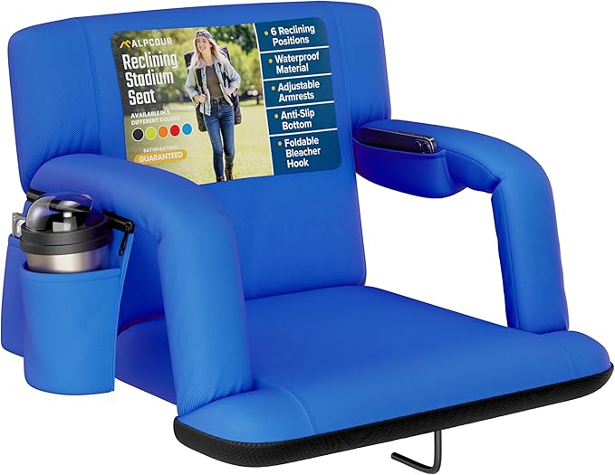 Alpcour Reclining Stadium Seat – Wide Bleacher Chair with Back Support and Cushion, Armrests, Side Pockets, and Bleachers Hook – Best Stadium Seats Chairs for Camping, Kayak, & Paddle Board Backs