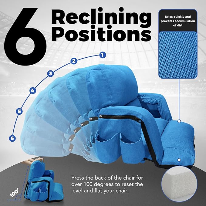 Wide Stadium Seats with Back Support, Exclusive Sofa Style Design Extra Thick Bleacher Chairs with Back and Cushion, 6 Reclining Positions - Ultimate Comfort for Sports Events (Blue, 25")