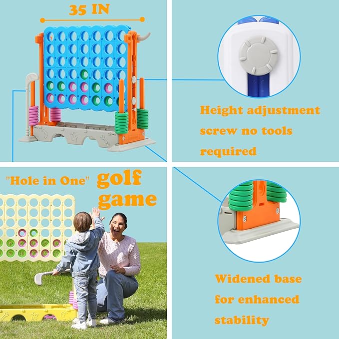 SDADI Height Adjustable 3-in-1 Giant 4 in a Row Connect Game, Jumbo 4-to-Score Game with Golf Game and Ring Toss Set, Indoor Outdoor Yard Game Party Game for Kids Adults and Family, Orange