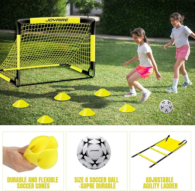 Kids Soccer Goals for Backyard Set, Portable Toddler Soccer Goal 2 of 6x4 ft, 4x3 ft, 7x5 ft, Soccer Training Equipment, Pop Up Soccer Net Kit with Size 4 Soccer Ball, Outdoor Sports Play, Youth Game