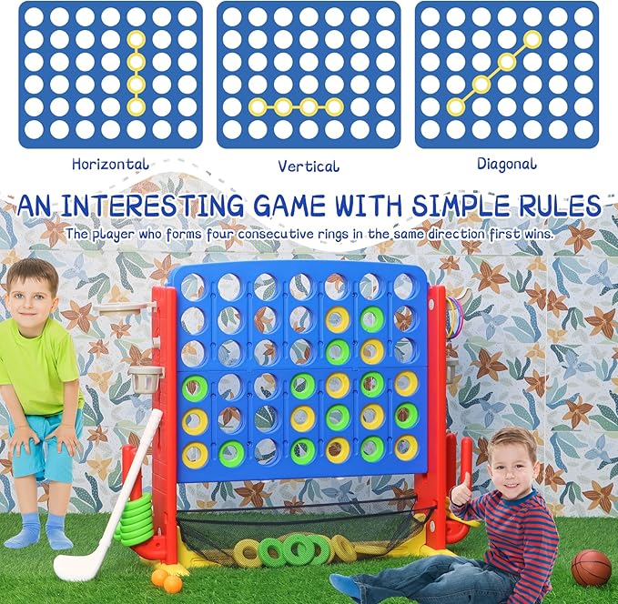 Giant 4 in A Row Game, Height Adjust Connect 4 Jumbo Yard Game Set for Kids & Adults with Mesh Catching Bag, Golf, Basketball Hoop & Ring Toss, 4-to-Score Games for Indoor/ Outdoor Fun