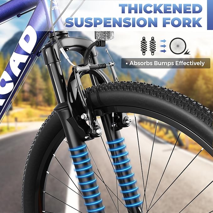 26" Mountain Bike - 1/7-Speed Lightweight High-Carbon Steel Frame, V Brakes & Front Suspension - Adjustable Ergonomic Seat for Men & Women(Quick Assembly, Multiple Colors)