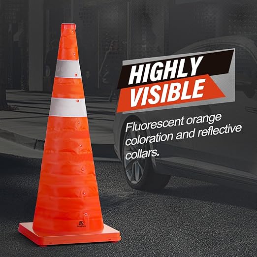 RoadHero 28 Inch 2 Pack Collapsible Traffic Safety Cones, Multi Purpose Pop-up Cones with Reflective Collar for Road Safety, Orange Cones for Driving Training, Parking Lots