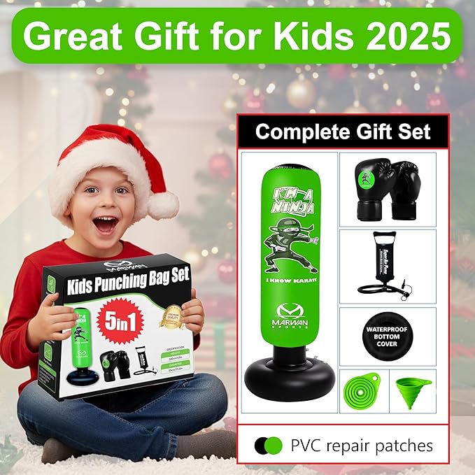 Marwan Sports 5-in-1 Inflatable Punching Bag for Kids – 63" Karate Toy Set with Boxing Gloves, Durable Fast Rebound, Active Play, Stress Relief Christmas/Birthday Gift for Boys & Girls Ages 4-12