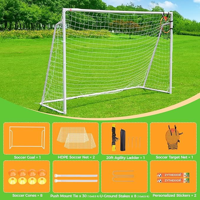 Soccer Goal 12x6,10x6.5, 8x6, 6x4FT Soccer Goals for Backyard Metal Soccer Goals for Kids Youth Adults Large Outdoor 2" Steel Soccer Goal Post Frame with Soccer Net Target Net Portable Agility Ladder
