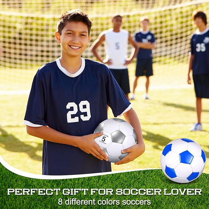 Soulchen 16 Pcs Soccer Balls Bulk with 2 Pcs Pump Size 3/4/5 Deflated Training Soccer Ball for Youth Adult Back to School Outdoor Indoor Sports Training Practice Game Play Competition, 8 Color