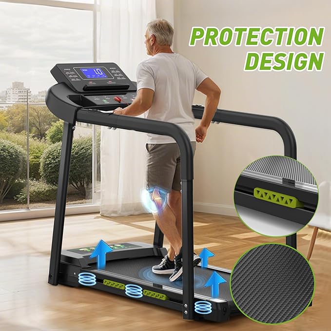 Treadmills for Seniors, Treadmills for Home with Handrails, Dual Shock Absorption, 300 LBS Capacity, Heart Rate Monitor, Bluetooth App Control, Ideal Treadmill for Elderly & Family Use
