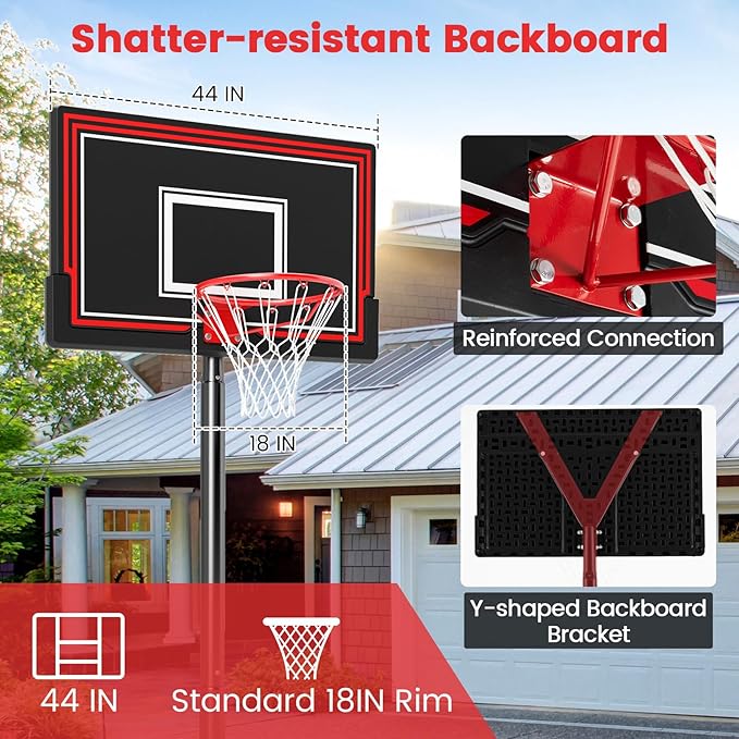 Goplus Portable Basketball Hoop Outdoor, 7.5-10 FT Height Adjustable Basketball Goal System with 44” Shatterproof Backboard, Wheels, Fillable Base for Adults Yard, Driveway