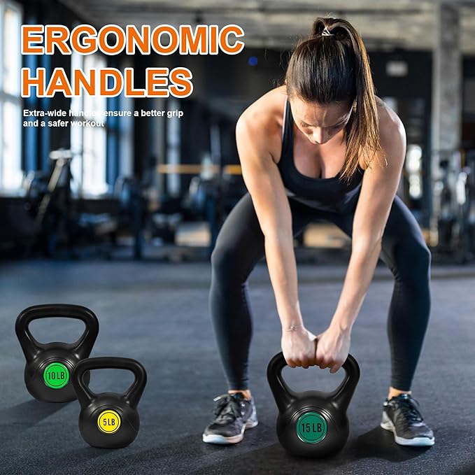 Wide Grip 3-Piece or 4-Piece Kettlebell Exercise Fitness Weight Set, Include 5 lbs, 10 lbs, 15 lbs and 20 lbs, Set of 3 or Set of 4