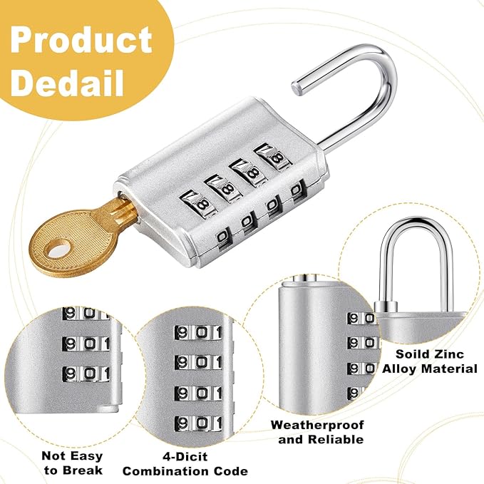 Kenning 10 Pcs Combination Padlock 4 Digit Combination Lock with Keys Locker Resetable Security Outdoor Waterproof Gate Lock for School Sports Gym Locker Employee Fence Case (Silver)