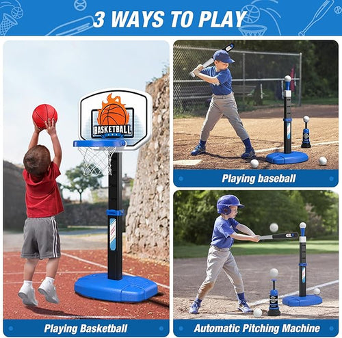 2 in 1 Toddler Basketball Hoop and T Ball Set with Automatic Pitching Machine - Adjustable Height, Kids Basketball Hoop Suit for Indoor/Outdoor, Sport Toys Gifts for Boys Age 3-5, Black