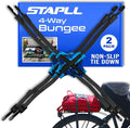 Tack Strap – 4-Way Flat Bungee Cord with Rubber Pad Grip, Non-Slip Tie Down Straps for Motorcycle, ATV, Kayak, Cycling, Camping, Truck Storage, Adjustable Bungee Cords - 2 Pack (Black & Blue)