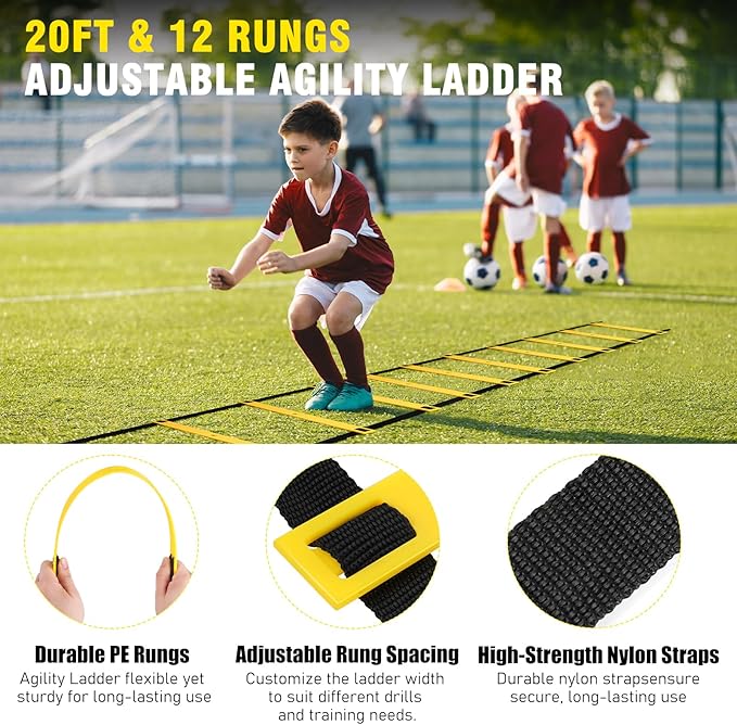 Kids Soccer Goal for Backyard Set - 2 Set of 4x3/ 5X3.6/7x5 ft Toddler Soccer Nets with 20ft Agility Ladder, Soccer Ball, Pop Up Portable Soccer Set for Kids and Youth Training Ages