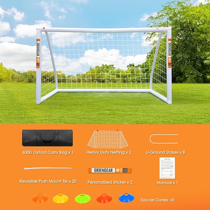 ORIENGEAR Soccer Goal, 12x6/10x6.5/8x6/6x4 Full Size Soccer Goals for Backyard, Soccer Net with Training Discs, Portable Soccer Goal for Kids and Adults with 1 Carry Bag, Porterias De Futbol