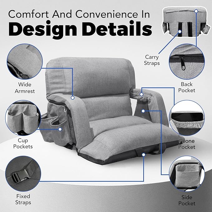 Wide Stadium Seats with Back Support, Exclusive Sofa Style Design Extra Thick Bleacher Chairs with Back and Cushion, 6 Reclining Positions - Ultimate Comfort for Sports Events (Grey, 22.5")