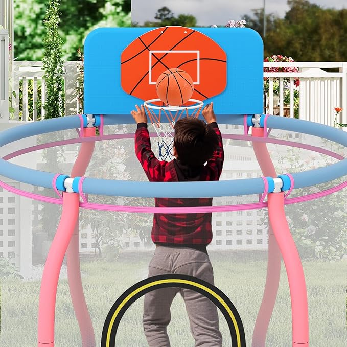Goplus 48" Kids Trampoline, Indoor & Outdoor Toddler Trampoline with Basketball Hoop, Wide Backboard & Tall Enclosure Net, Kids Activity Center for Boys Girls 3-6, Max Load 330 lbs