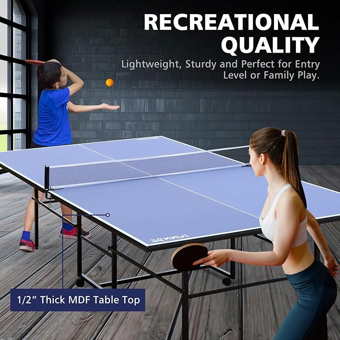 4FT/6FT/8FT/9FT Folding Rolling Table Tennis Table Regulation Ping Pong Table with 2 Paddles 3 Balls 1 Net and Post Set Fold-Up Design 4 Wheels for Easy Movement